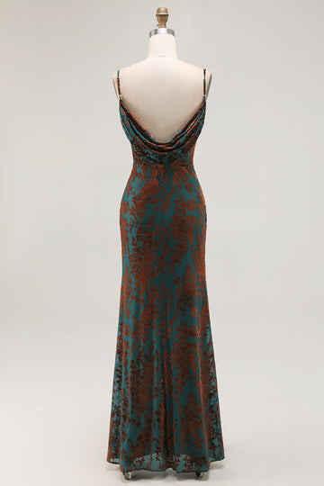 Mörkgrön Fodral Tryckt Lång Brudtärna Klänning Med Slits